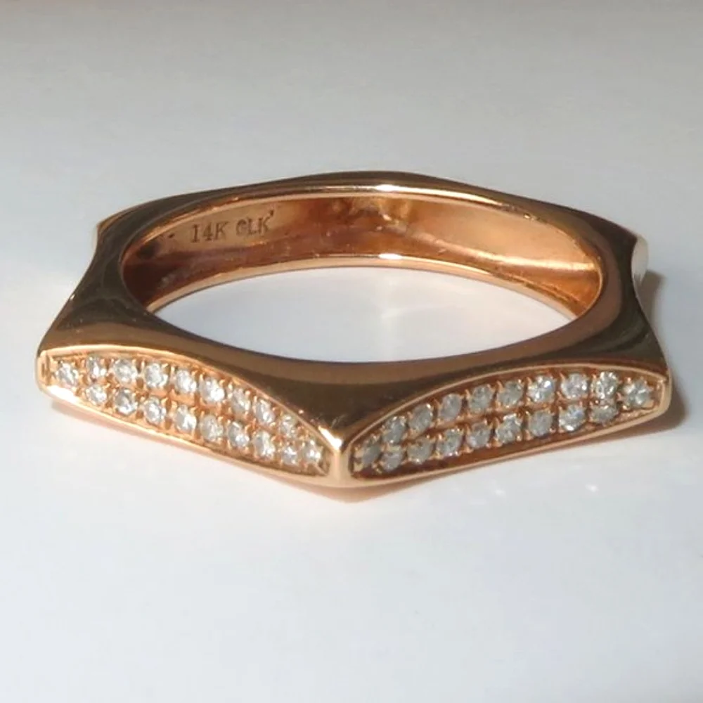 Solid 14K Rose Gold Diamonds Hexagon Ring